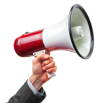 A businessman holding a red and white megaphone making an announcement png