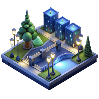 dramatic contemporary Nighttime View of City Park with Illuminated Pathways Cutout with Dark Blue Background detailed png