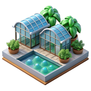 dramatic rustic Ocean City Hydroponic Farm with Greenhouses Cutout detailed png