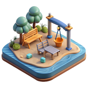 beautiful traditional Ocean City Park with Playground and Benches Isolated Element detailed png