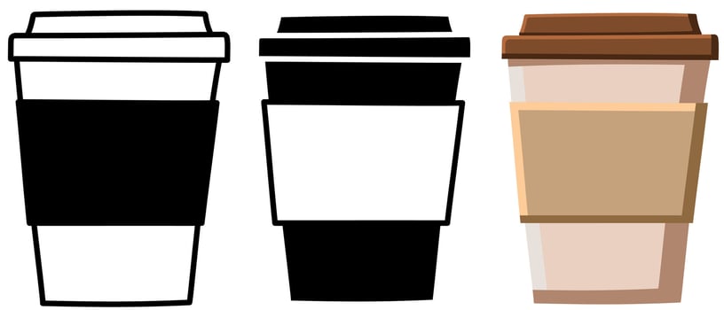 Cartoon Coffee Cup Design in Colour and Black and White, Take away or take out drinks cup vector