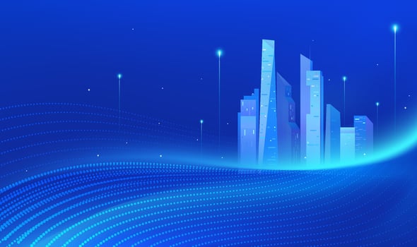 Technical horizontal illustrations abstract wavy lines and silhouettes of cities vector