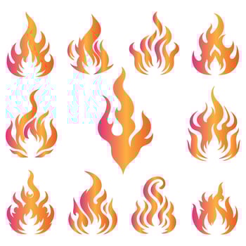 Set of fire flame icons in a vibrant orange, yellow, and red design illustrating heat, burn, and blaze elements, perfect for symbolizing warmth, danger, and fiery energy vector