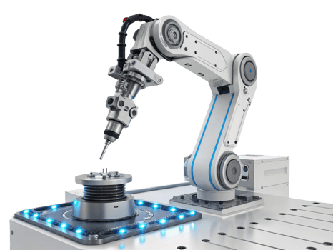Robotic arm with precision tool on workstation, showcasing advanced technology and automation png
