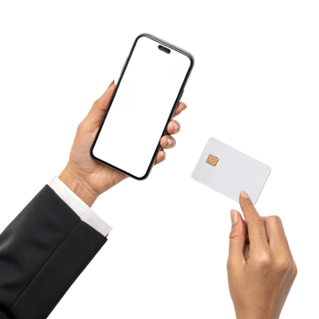 person holding smartphone and blank credit card, showcasing digital payment options png