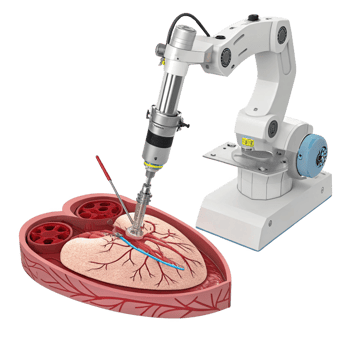 Robotic arm performing surgery on heart model, showcasing medical technology and innovation. png