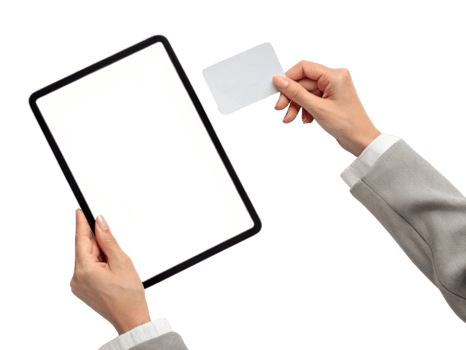 person holding tablet and blank card, ready for digital interaction png