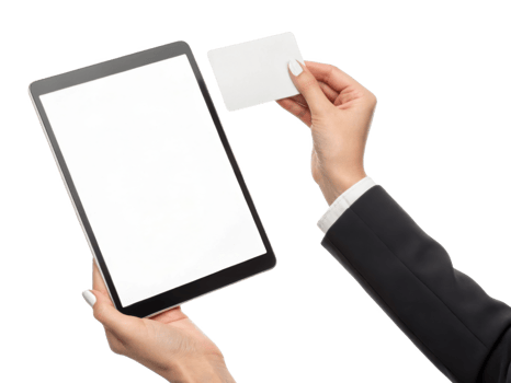 person holding tablet and blank card, showcasing technology and innovation png