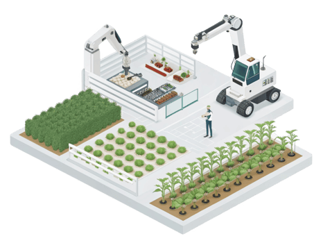 Automated farming with robots, crops, and greenhouse technology png