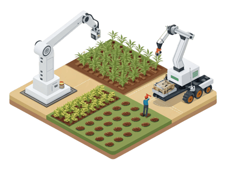 Automated farming with robots, crops, and agricultural technology png