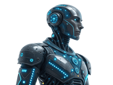 futuristic robot with glowing blue accents and sleek metallic design png