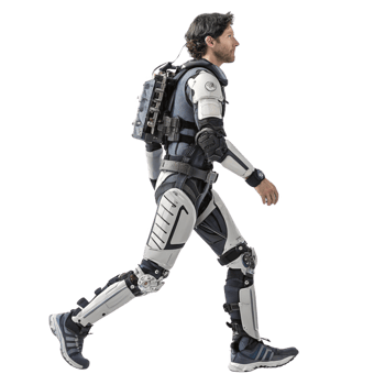 Exoskeleton suit worn by man walking, showcasing advanced technology and design png