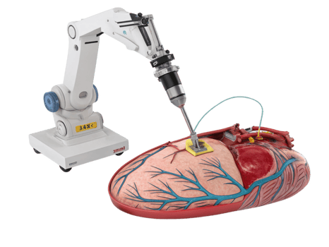 A Robotic arm performing surgery on heart model, showcasing medical technology and innovation png