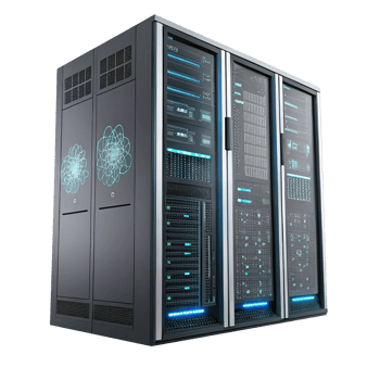 High tech server rack with illuminated components and modern design png