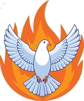Flat illustration of a white dove, wings outstretched, positioned within a fiery orange flame halo. vector