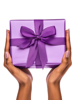 A purple-wrapped gift box tied with a ribbon, held in female hands. Ideal for holiday and gift-related themes png
