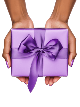 A purple-wrapped gift box tied with a ribbon, held in female hands png