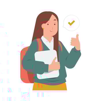 Cheerful girl female student with backpack holding book, giving like thumbs up gesture flat illustration vector