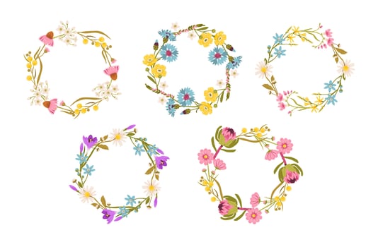 Floral wreath blooming wildflowers and foliage. Wedding invitations, decorative frames, and vintage botanical crown designs. Flat illustration floral frames set. vector