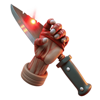 vibrant abstract A twisted, skeletal hand holding a rusty, bloodstained knife, lit by a single, harsh spotlight. Slasher horror style detailed png