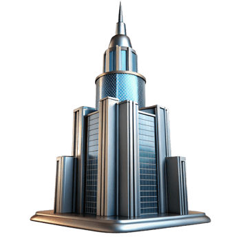 dramatic classic Art Deco skyscraper, chrome and glass, sharp edges, volumetric lighting, high contrast, low angle perspective premium png