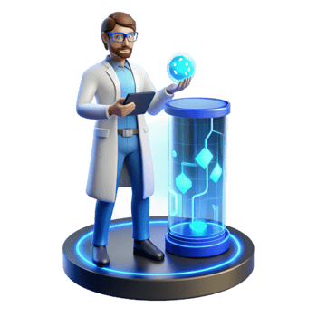 dramatic vintage A scientist working on a holographic interface, blue lighting, futuristic style premium png