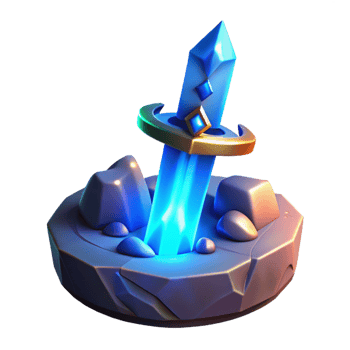 stunning rustic A powerful enchanted sword, embedded in a stone, pulsating with a vibrant blue aura, illuminated by a celestial beam of light. Digital art style original png