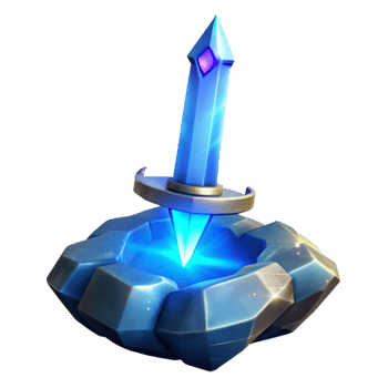 dramatic classic A powerful enchanted sword, embedded in a stone, pulsating with a vibrant blue aura, illuminated by a celestial beam of light. Digital art style high resolution png