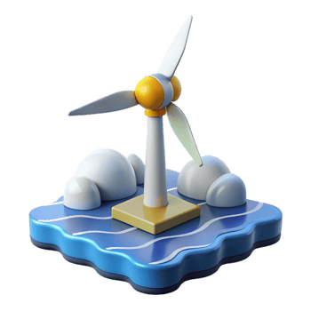 vibrant creative Floating wind turbine platform, sleek aerodynamic design, ocean waves and clouds, sunset lighting, renewable energy concept art exclusive png