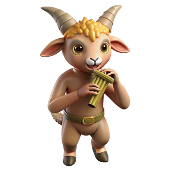 dramatic creative A playful satyr with goat legs and a mischievous grin, playing a pan flute. Warm lighting, pastoral style authentic png