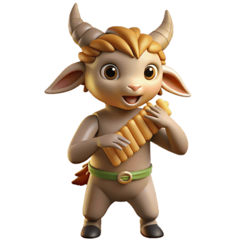 serene minimalist A playful satyr with goat legs and a mischievous grin, playing a pan flute. Warm lighting, pastoral style authentic png