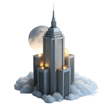 stunning minimalist Art Deco skyscraper piercing a thick layer of fog, illuminated by the soft glow of a hidden moon. Art Deco style, ethereal lighting authentic png