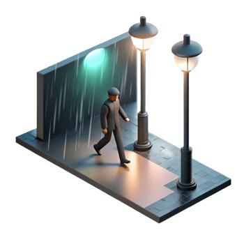 elegant modern A lone figure walking down a rain-slicked street at night. Noir style, dramatic lighting high resolution png