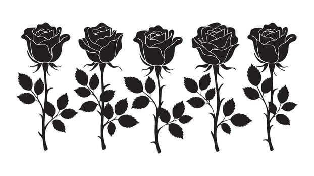 Five Black Silhouette Roses, Floral Stems, Leaves, Botanical Design vector