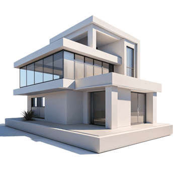 dramatic vintage Modernist villa, white concrete and glass, clean lines, minimalist style, bright sunlight 4K png