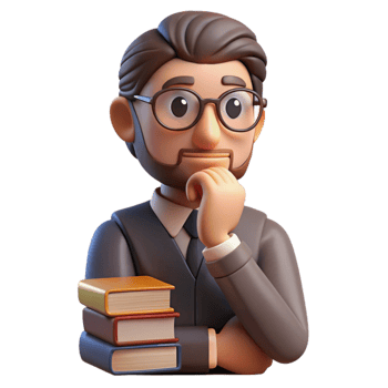 magnificent artistic Portrait of a contemplative scholar with spectacles perched on his nose, a thoughtful expression, and a stack of books beside him, lit by warm lamplight 4K png