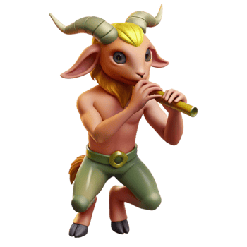 dramatic creative A playful satyr with goat legs and horns, playing a pan flute in a forest glade. Classical fantasy art style professional png