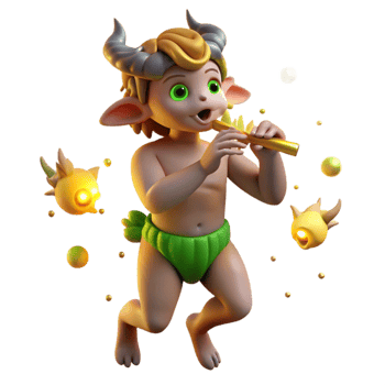 beautiful vintage A mischievous satyr playing a pan flute, surrounded by dancing nymphs, lit by the soft glow of fireflies. Rococo style exclusive png