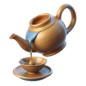 dramatic minimalist A levitating teapot pouring a stream of liquid light into a bottomless cup. Renaissance painting style 4K png