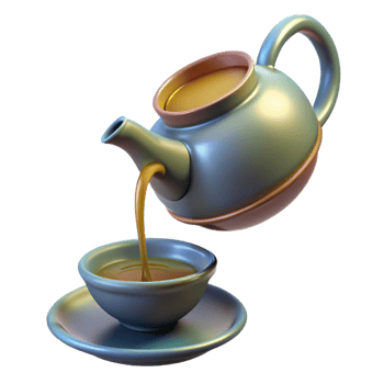elegant classic A levitating teapot pouring a stream of liquid light into a bottomless cup. Renaissance painting style professional png