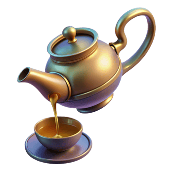 beautiful classic A levitating teapot pouring a stream of liquid light into a bottomless cup. Renaissance painting style professional png