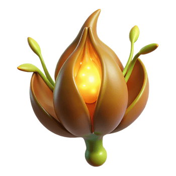 dramatic artistic A single, glowing seed pod bursting open with fractalized tendrils, lit by a warm, organic light, Botanical Art style high resolution png