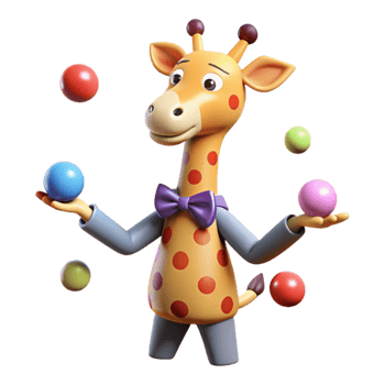 stunning creative A nervous giraffe wearing a bow tie and juggling colorful balls, spotlighted under bright, circus lights, drawn in a rubber hose animation style original png