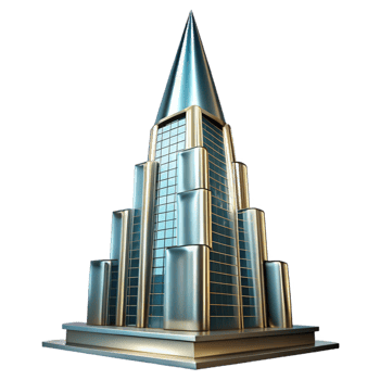 extraordinary vintage Art Deco skyscraper, chrome and glass, sharp edges, volumetric lighting, high contrast, low angle perspective detailed png