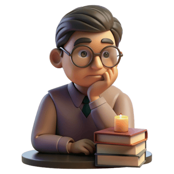serene rustic Portrait of a contemplative scholar with spectacles perched on his nose, a thoughtful expression, and a stack of books beside him, lit by warm lamplight high resolution png