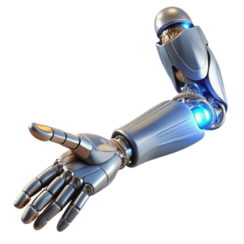 wonderful traditional A biomechanical prosthetic arm extending towards the viewer, detailed musculature and circuitry visible, lit by a cool, clinical light premium png