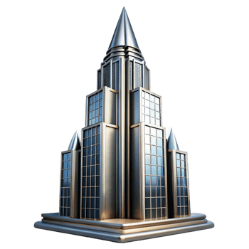 magnificent artistic Art Deco skyscraper, chrome and glass, sharp edges, volumetric lighting, high contrast, low angle perspective high resolution png