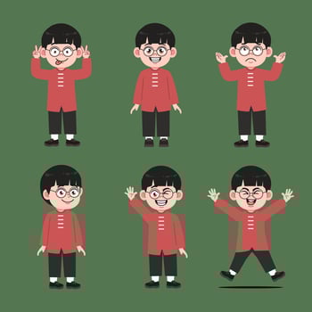 Cute Chinese Boy with Glasses Cartoon Character Set vector