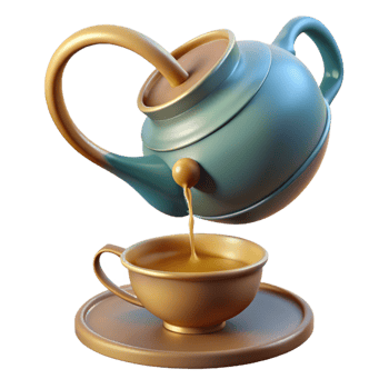 vibrant modern A levitating teapot pouring a stream of liquid light into a bottomless cup. Renaissance painting style high resolution png