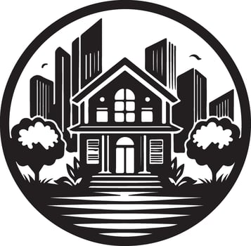 a black and white illustration of a house with trees and a city in the background vector